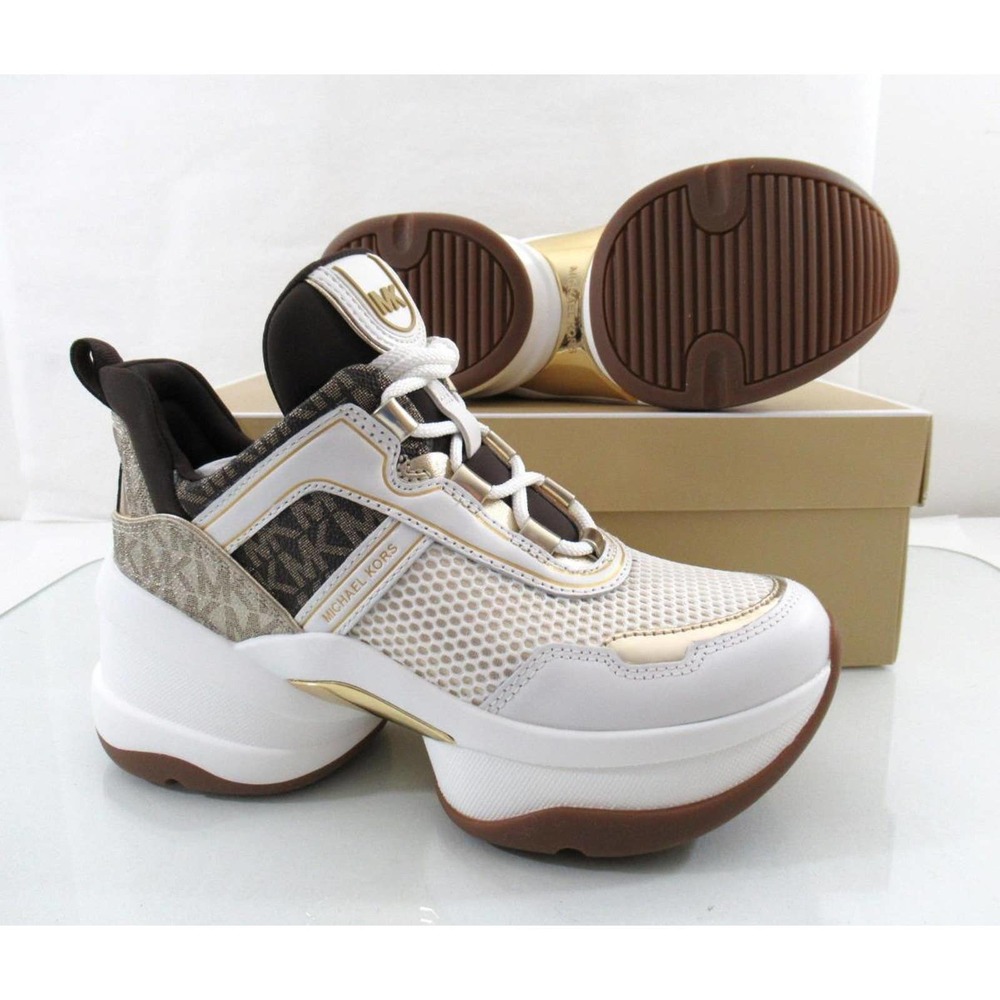 Michael Kors Olympia Trainer Lace Up Wedge Sneakers MK Logo Pale Gold - Picture 9 of 10